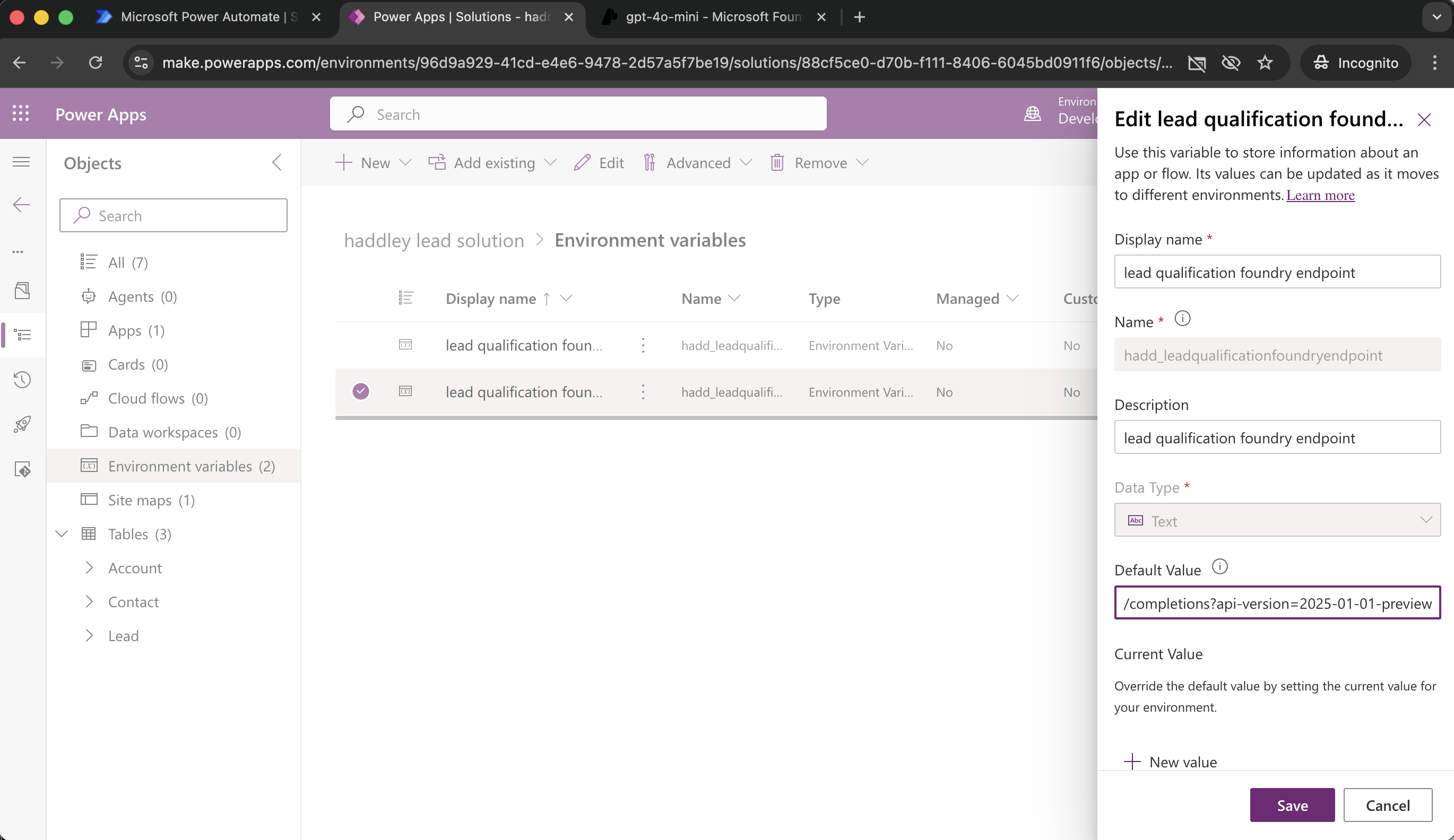 I updated lead qualification foundry endpoint environment variable